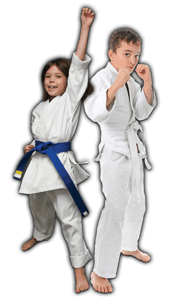 Martial Arts Lessons for Kids in Westerville OH - Happy Blue Belt Girl and Focused Boy Banner